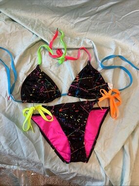 Neon Splatter Triangle Bikini - Black with Pink & Neon Accents